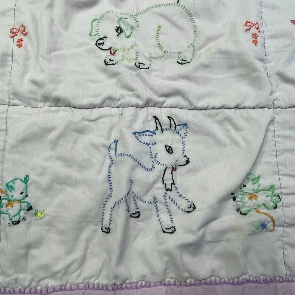 Vintage Baby Quilt Hand Embroidered Animals Pastel Crib Blanket‎ Handmade 36x30